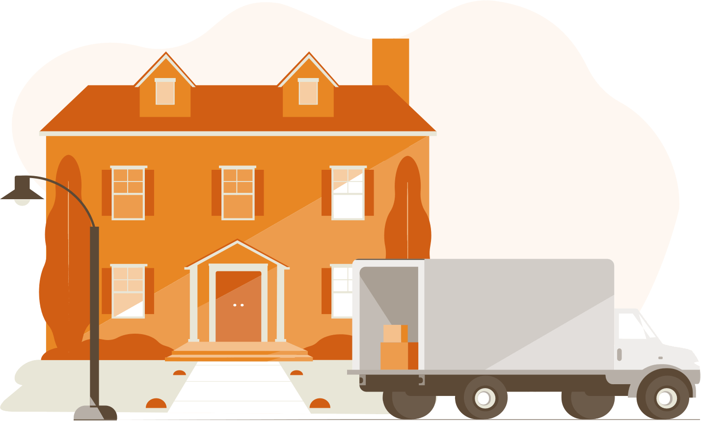 moving truck in front of a house icon
